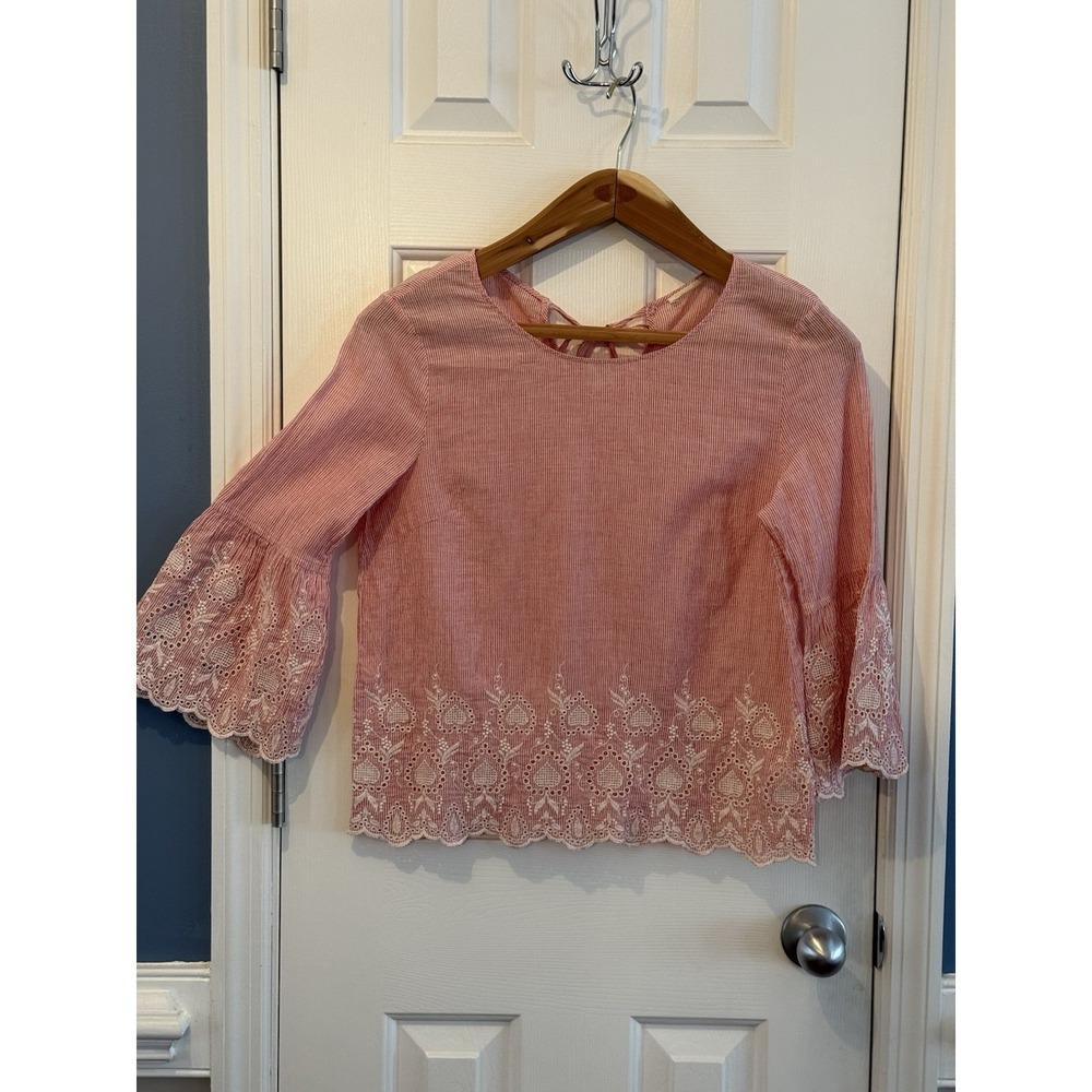Cottagecore Boho Ellison 100% Cotton M  Pink Stripe Floral Embroidered Shirt